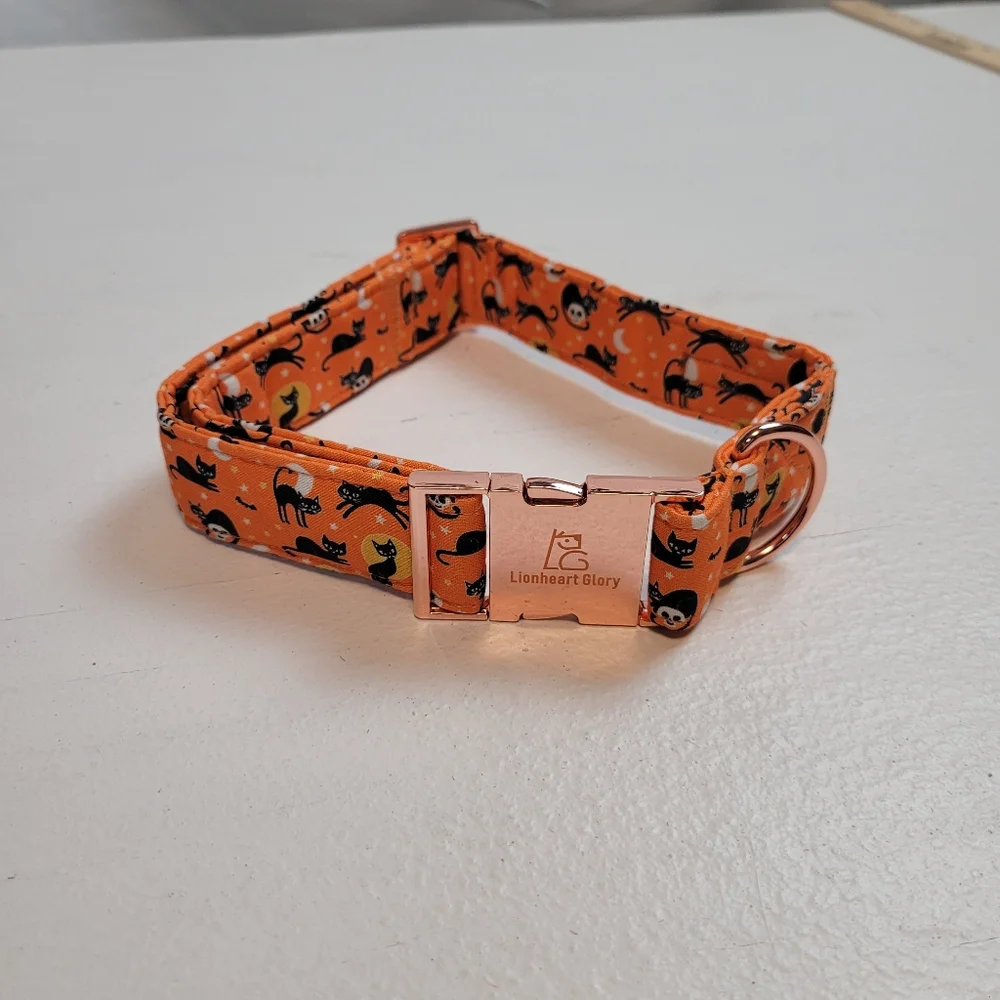 Lionheart Glory Orange Cat Print Dog Collar with Rose Gold Hardware